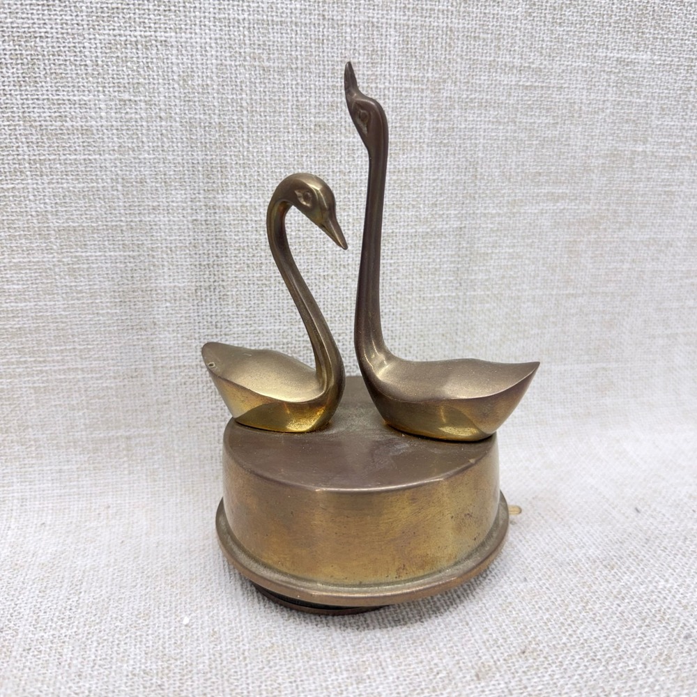 Vintage Crowning Touch Brass Swan Music Box Wind Up Tested Taiwan ROC
